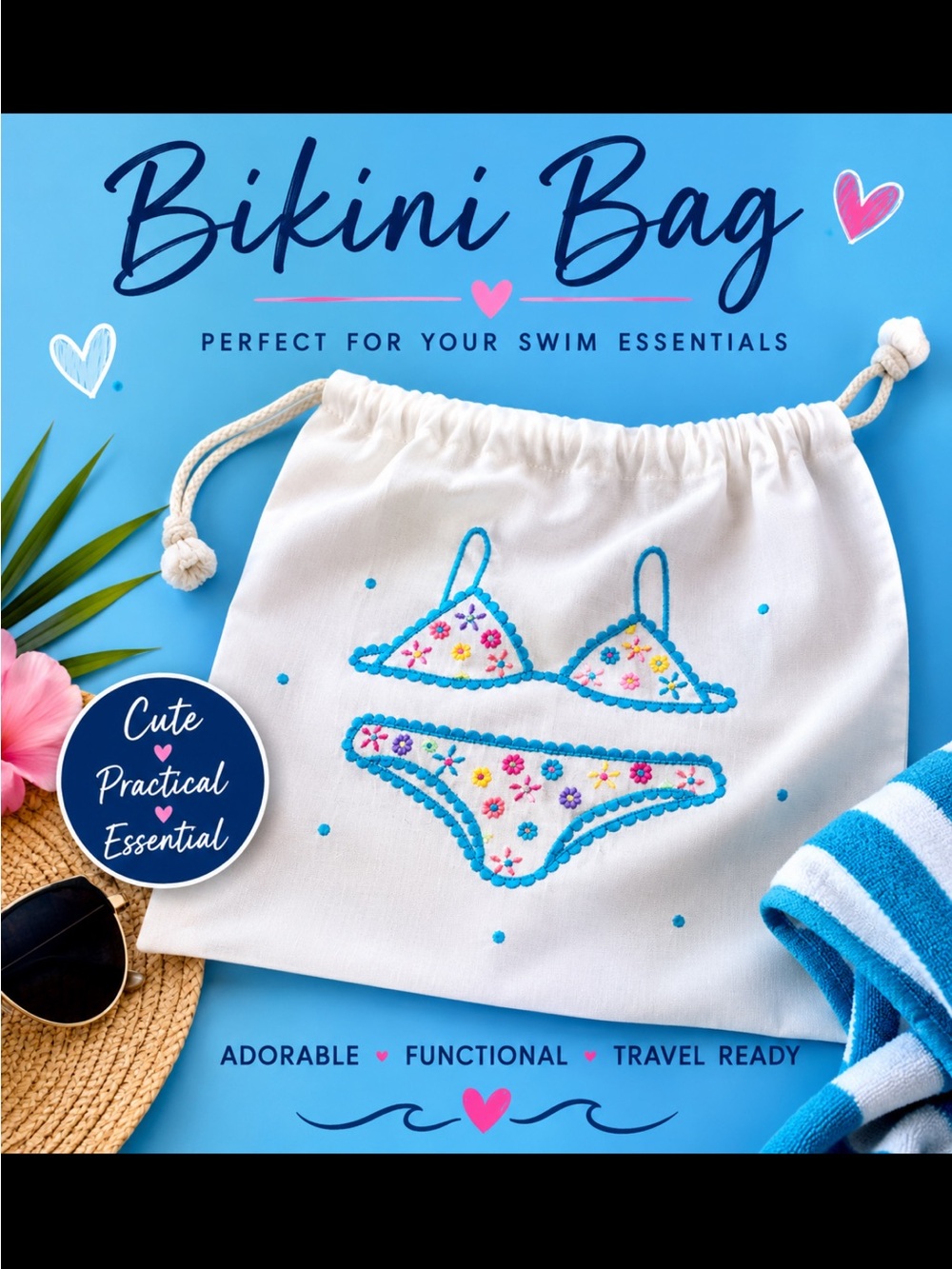 White Bikini Drawstring Bag with Blue and Pink Accents - Picture 2 of 9